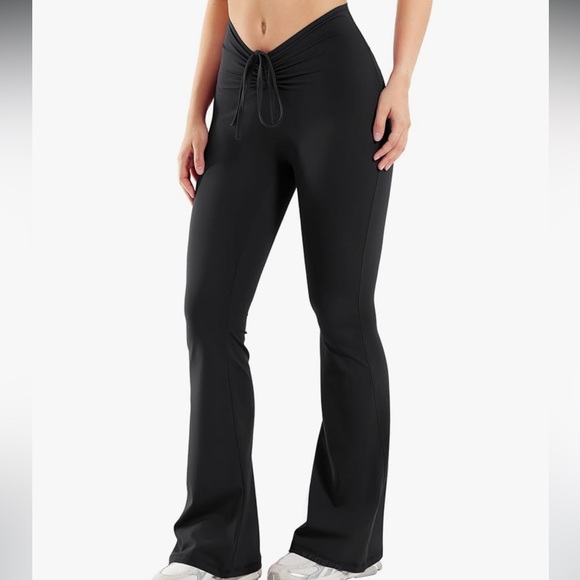 Black tie front bell bottoms flared pant scrunch butt lifting sexy yoga festival - Picture 2 of 4